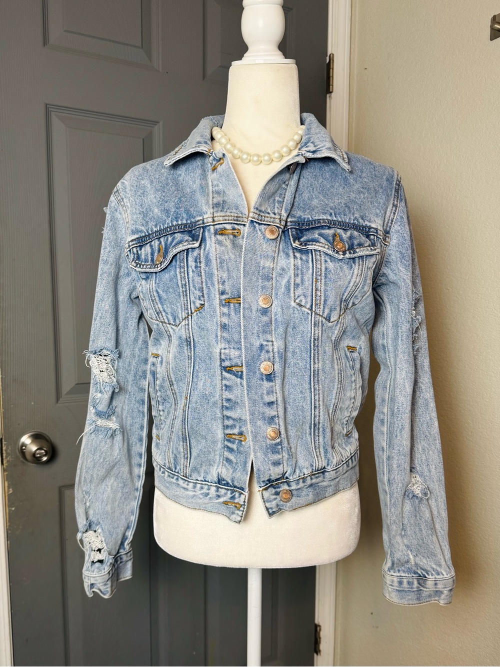 Distressed Cotton Denim Jacket Small